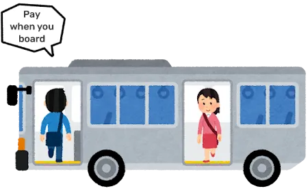 People boarding a bus and paying at the front door