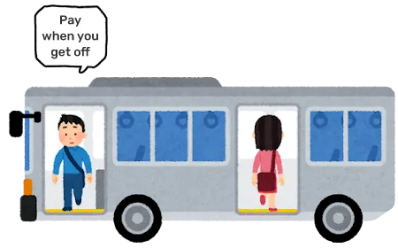 People paying the fare and getting off the bus from the front door